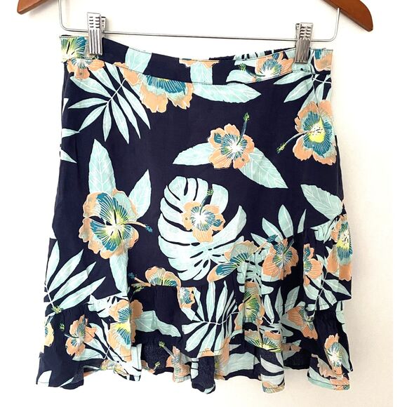 Roxy Face to Love Ruffle Mini Skirt Tropical Leaf Print Flirty Wrap Feminine M - Picture 3 of 11
